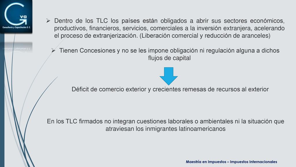 Dentro de los TLC los países están obligados a abrir sus sectores económicos, productivos, financieros, servicios, comerciales a la inversión extranjera, acelerando el proceso de extranjerización. (Liberación comercial y reducción de aranceles)