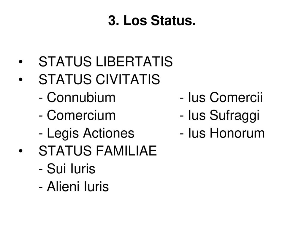 3. Los Status. STATUS LIBERTATIS. STATUS CIVITATIS. - Connubium - Ius Comercii. - Comercium - Ius Sufraggi.
