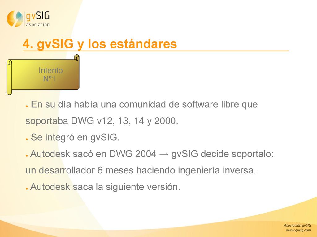 4. gvSIG y los estándares Intento. Nº1. En su día había una comunidad de software libre que soportaba DWG v12, 13, 14 y