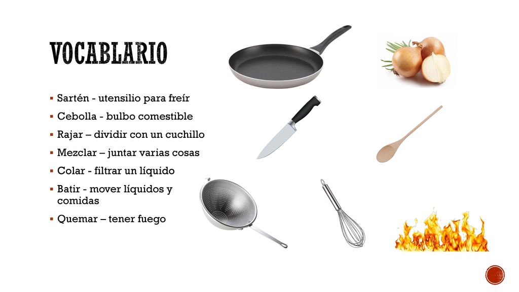 Vocablario Sartén - utensilio para freír Cebolla - bulbo comestible