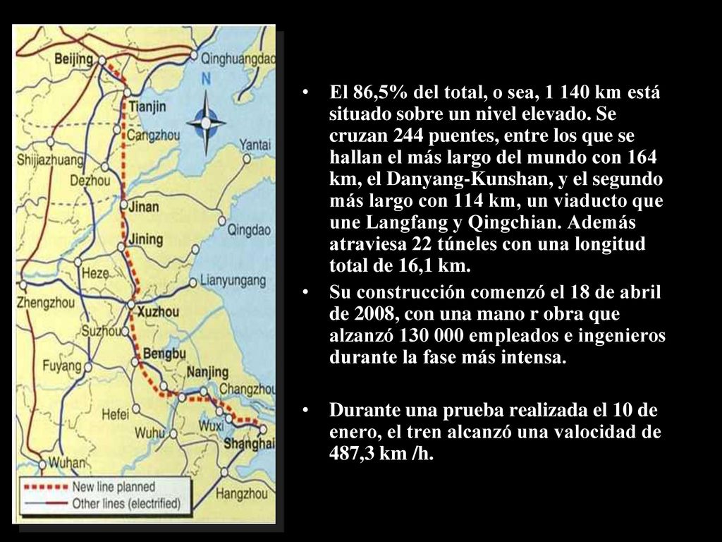 El 86,5% del total, o sea, km está situado sobre un nivel elevado. Se cruzan 244 puentes, entre los que se hallan el más largo del mundo con 164 km, el Danyang-Kunshan, y el segundo más largo con 114 km, un viaducto que une Langfang y Qingchian. Además atraviesa 22 túneles con una longitud total de 16,1 km.