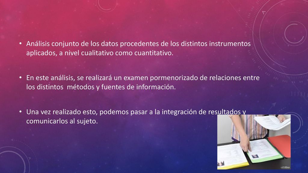 Análisis conjunto de los datos procedentes de los distintos instrumentos aplicados, a nivel cualitativo como cuantitativo.