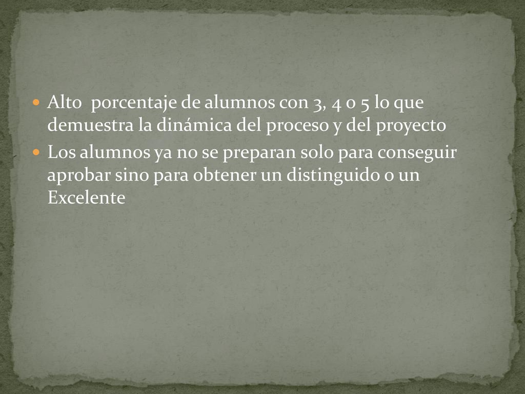 Alto porcentaje de alumnos con 3, 4 o 5 lo que demuestra la dinámica del proceso y del proyecto