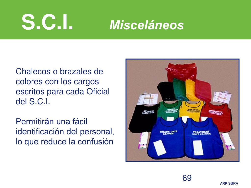 S.C.I. Misceláneos Chalecos o brazales de colores con los cargos escritos para cada Oficial del S.C.I.