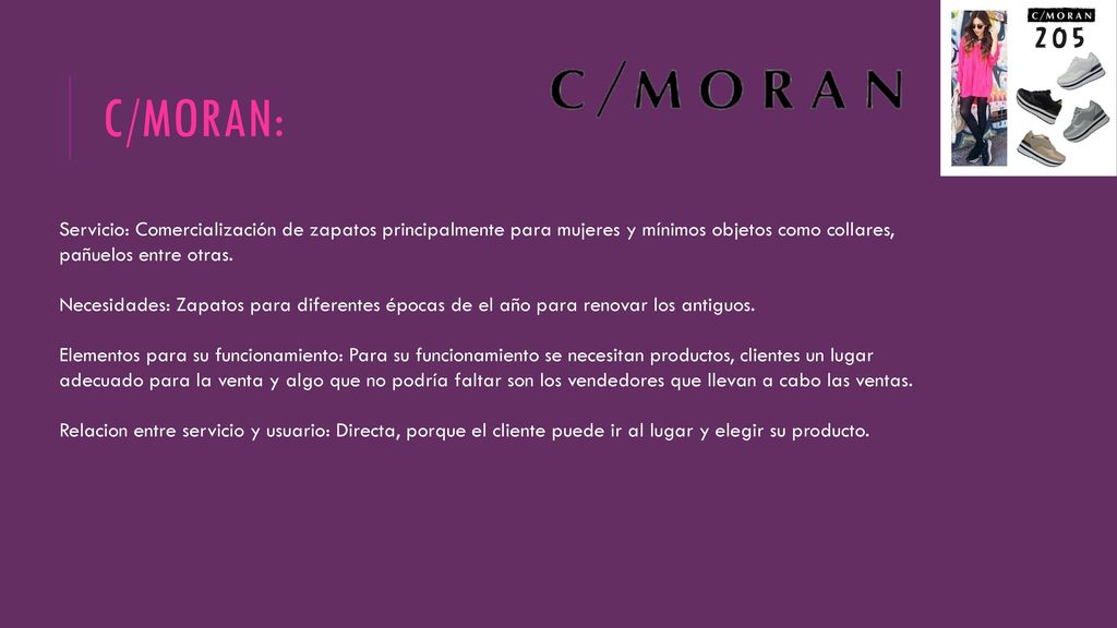 C/MORAN: Servicio: Comercialización de zapatos principalmente para mujeres y mínimos objetos como collares, pañuelos entre otras.