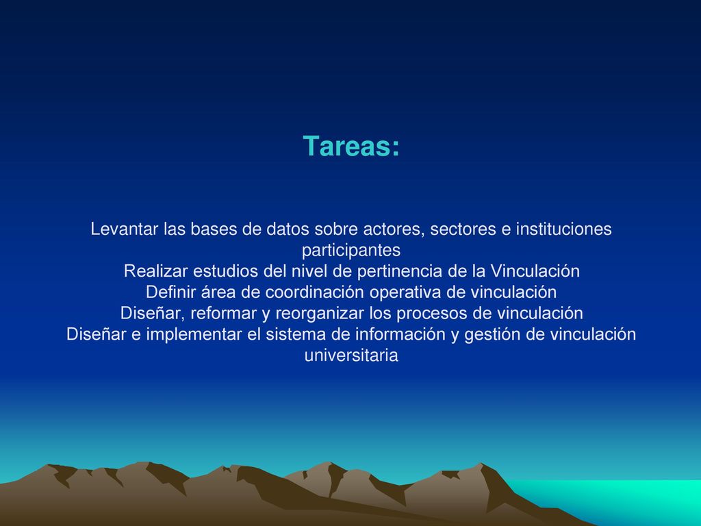 Tareas: Levantar las bases de datos sobre actores, sectores e instituciones participantes Realizar estudios del nivel de pertinencia de la Vinculación Definir área de coordinación operativa de vinculación Diseñar, reformar y reorganizar los procesos de vinculación Diseñar e implementar el sistema de información y gestión de vinculación universitaria
