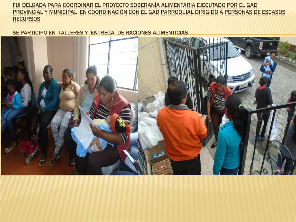 FUI delgada para coordinar el proyecto soberanía alimentaria ejecutado por el gad provincial y municipal en coordinación con el gad parroquial DIRIGIDO A PERSONAS DE ESCASOS RECURSOS Se participó en TALLERES Y entrega DE raciones alimenticias