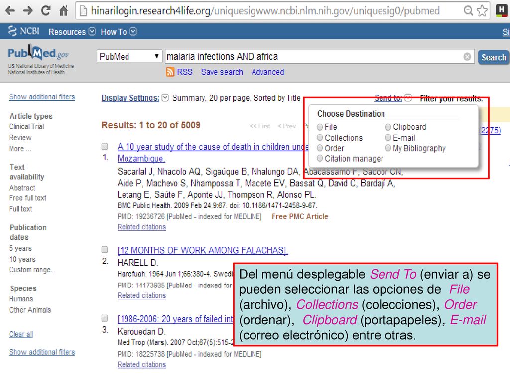 Del menú desplegable Send To (enviar a) se pueden seleccionar las opciones de File (archivo), Collections (colecciones), Order (ordenar), Clipboard (portapapeles),  (correo electrónico) entre otras.