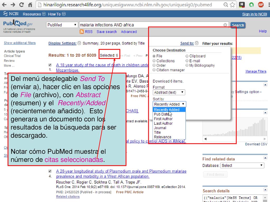 Del menú desplegable Send To (enviar a), hacer clic en las opciones de File (archivo), con Abstract (resumen) y el Recently/Added (recientemente añadido). Esto generara un documento con los resultados de la búsqueda para ser descargado.