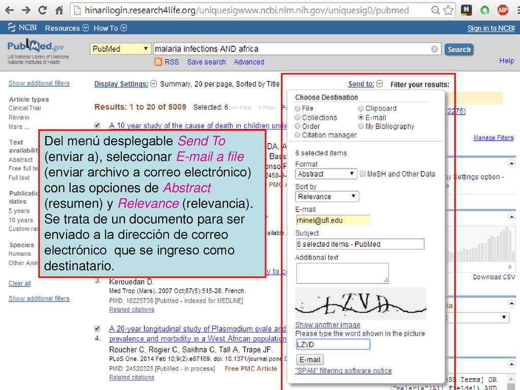 Del menú desplegable Send To (enviar a), seleccionar  a file (enviar archivo a correo electrónico) con las opciones de Abstract (resumen) y Relevance (relevancia).