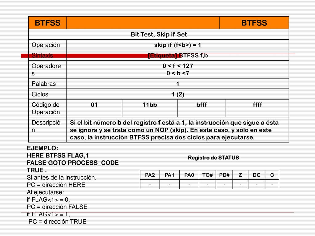 BTFSS Bit Test, Skip if Set Operación skip if (f<b>) = 1