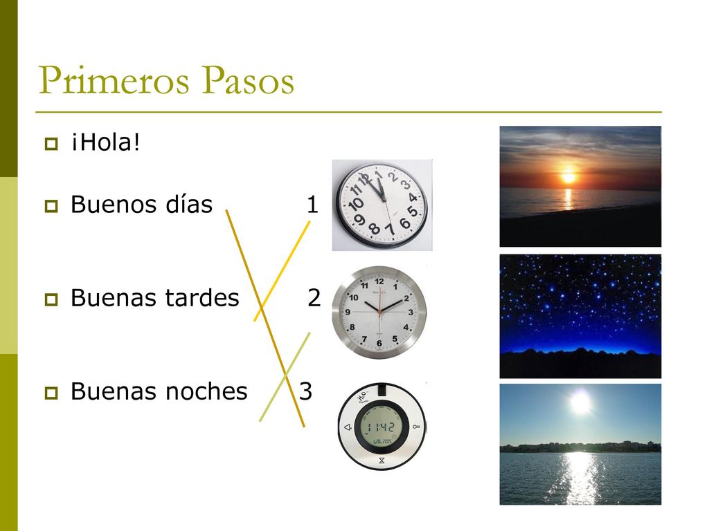 Primeros Pasos ¡Hola! Buenos días 1 Buenas tardes 2 Buenas noches 3