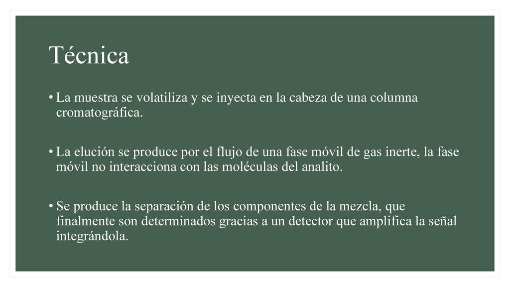 Técnica La muestra se volatiliza y se inyecta en la cabeza de una columna cromatográfica.