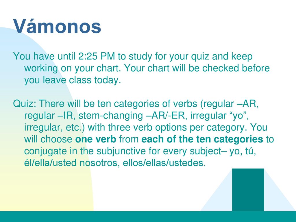 Vámonos You have until 2:25 PM to study for your quiz and keep working on your chart. Your chart will be checked before you leave class today.