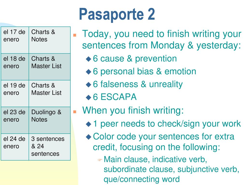 Pasaporte 2 el 17 de enero. Charts & Notes. el 18 de enero. Charts & Master List. el 19 de enero.