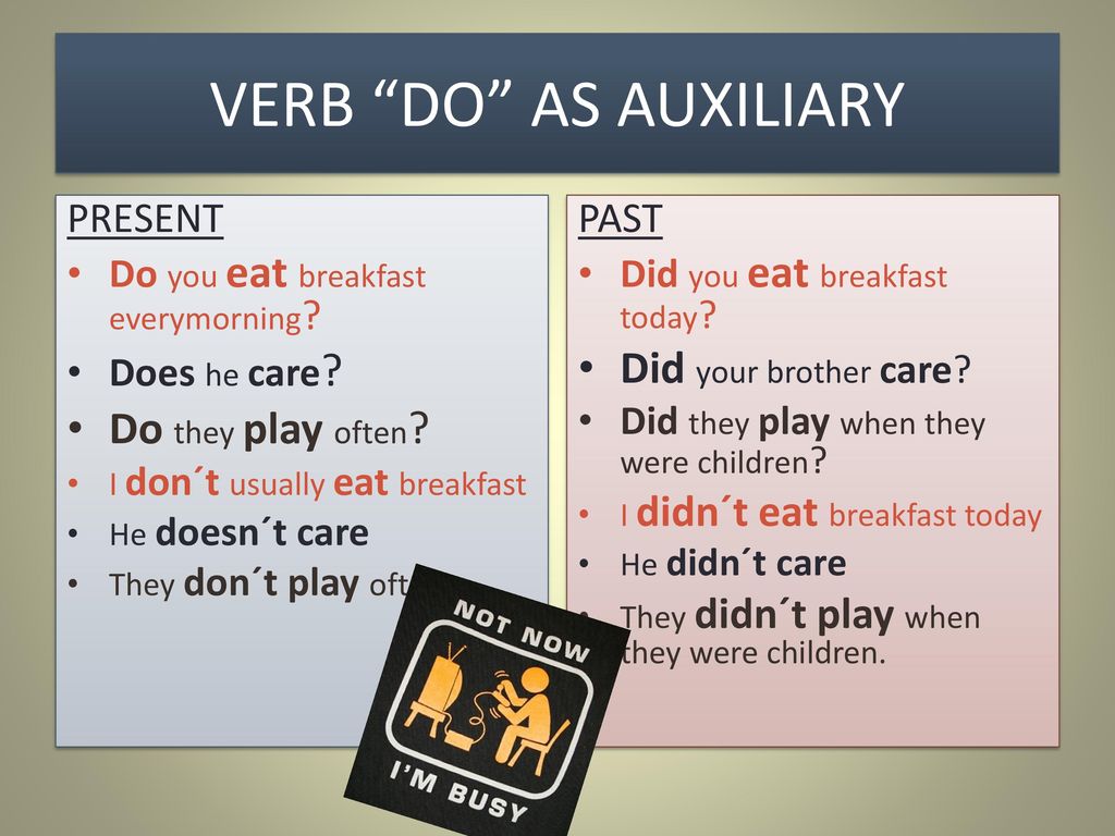 VERB DO AS AUXILIARY Did your brother care Do they play often