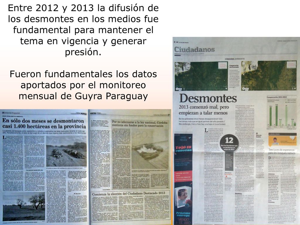 Entre 2012 y 2013 la difusión de los desmontes en los medios fue fundamental para mantener el tema en vigencia y generar presión.
