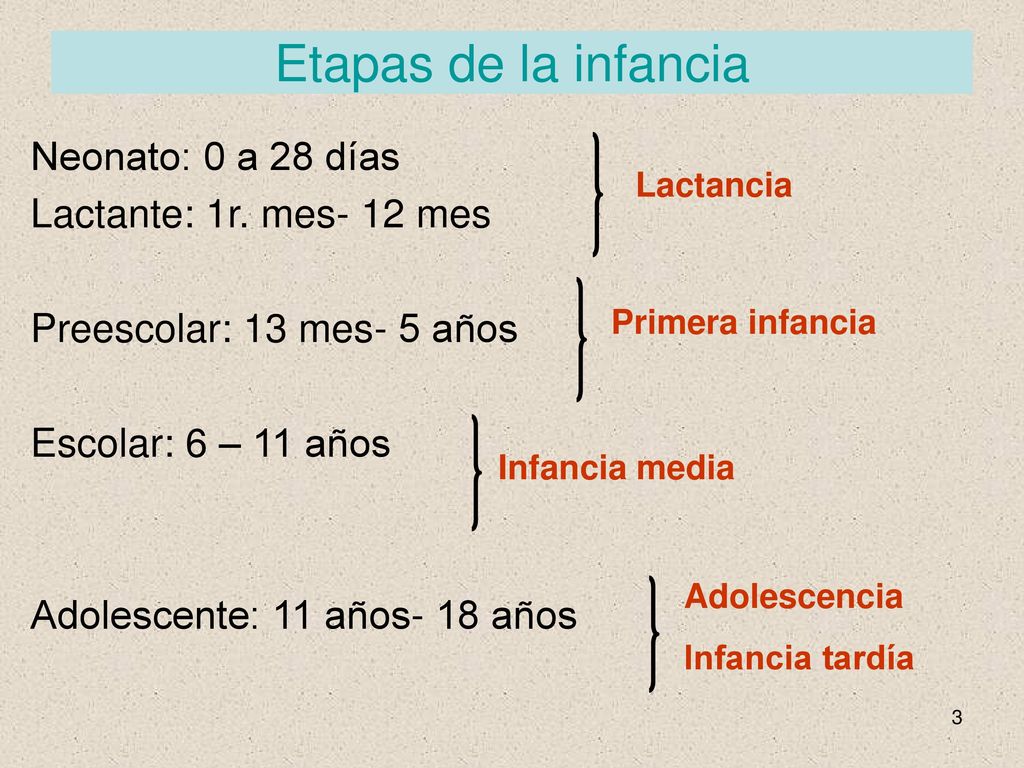 Etapas de la infancia Neonato: 0 a 28 días Lactante: 1r. mes- 12 mes