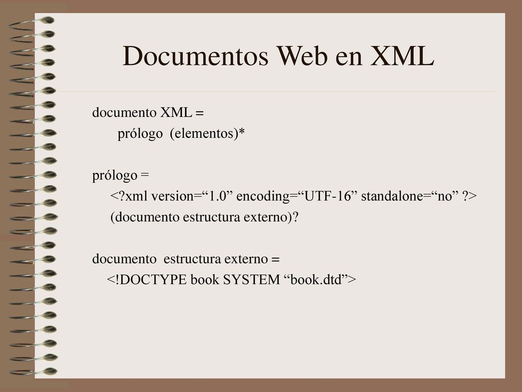 Documentos Web en XML documento XML = prólogo (elementos)* prólogo =