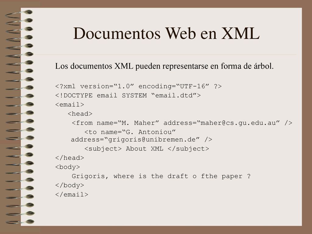 Documentos Web en XML Los documentos XML pueden representarse en forma de árbol. < xml version= 1.0 encoding= UTF-16 >