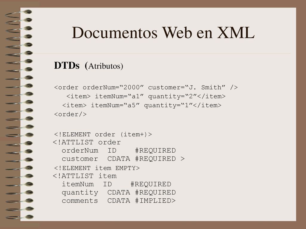 Documentos Web en XML DTDs (Atributos) <!ATTLIST order