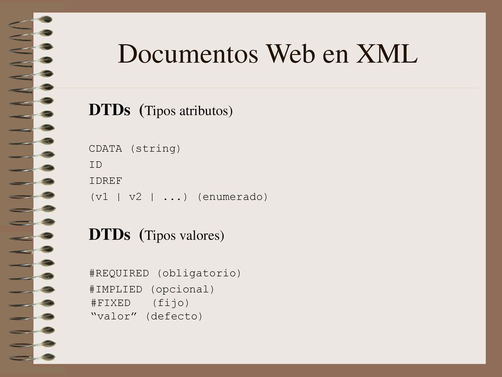 Documentos Web en XML DTDs (Tipos atributos) DTDs (Tipos valores)