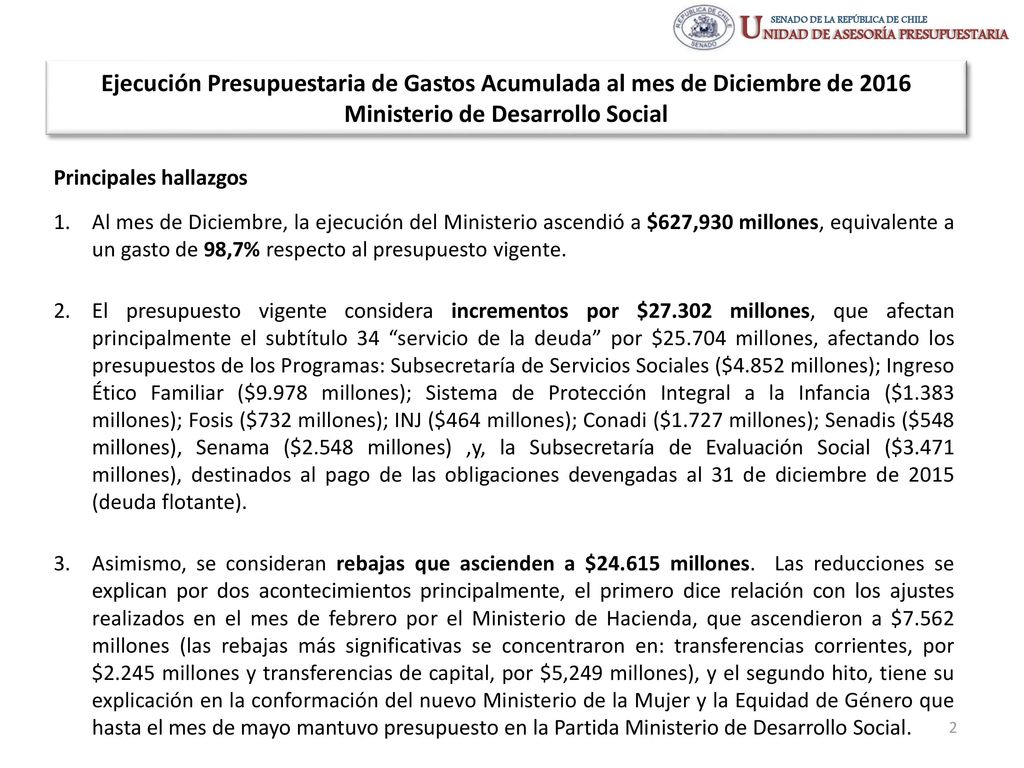 Ejecución Presupuestaria de Gastos Acumulada al mes de Diciembre de 2016 Ministerio de Desarrollo Social