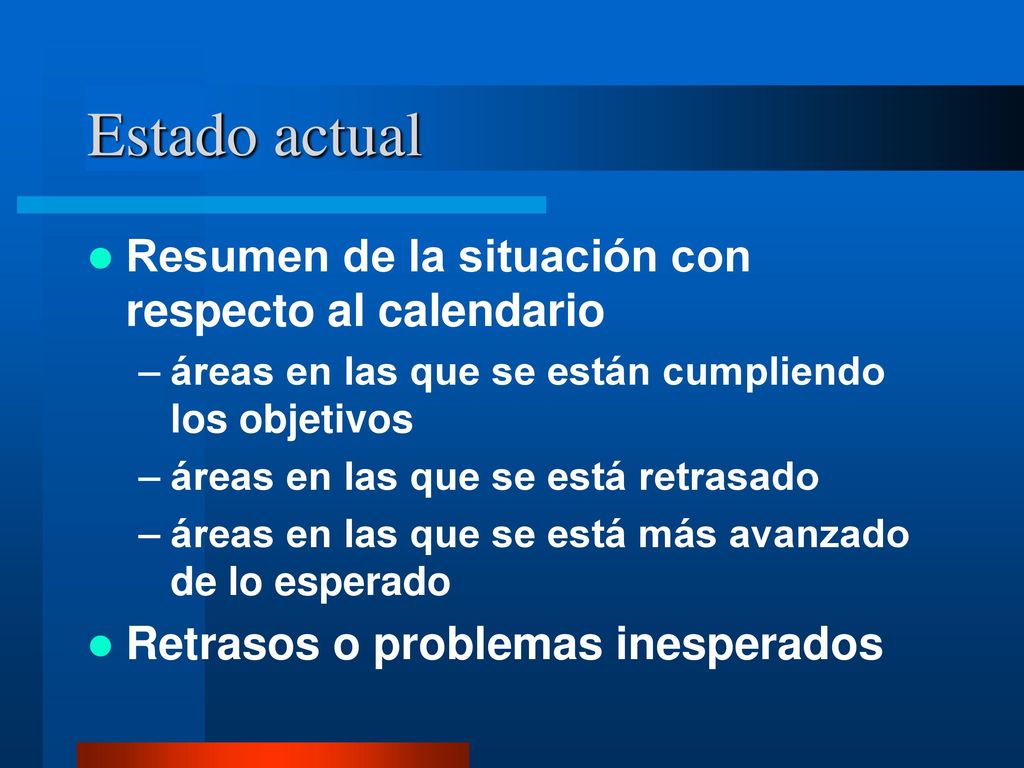 Estado actual Resumen de la situación con respecto al calendario