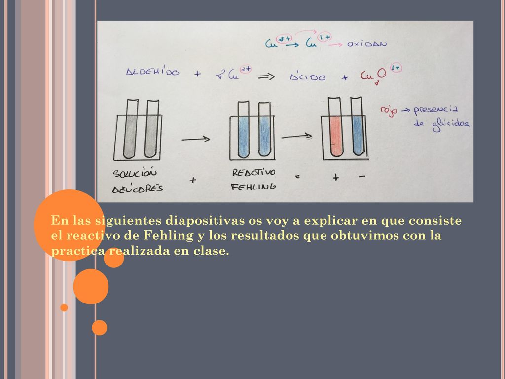 En las siguientes diapositivas os voy a explicar en que consiste el reactivo de Fehling y los resultados que obtuvimos con la practica realizada en clase.