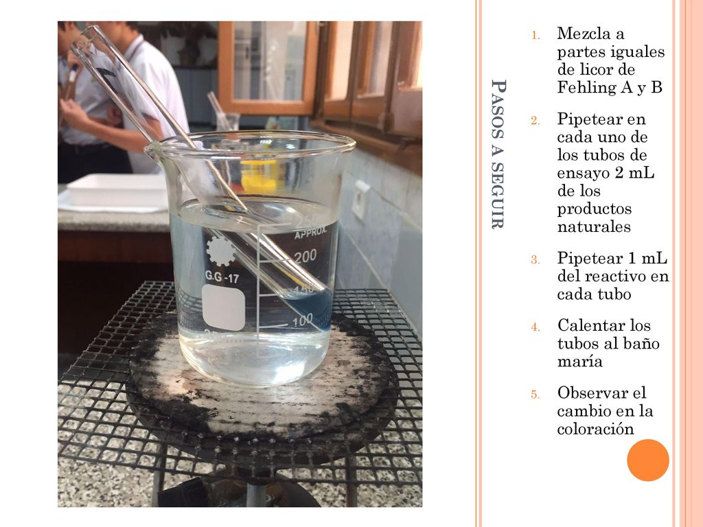 Pasos a seguir Mezcla a partes iguales de licor de Fehling A y B