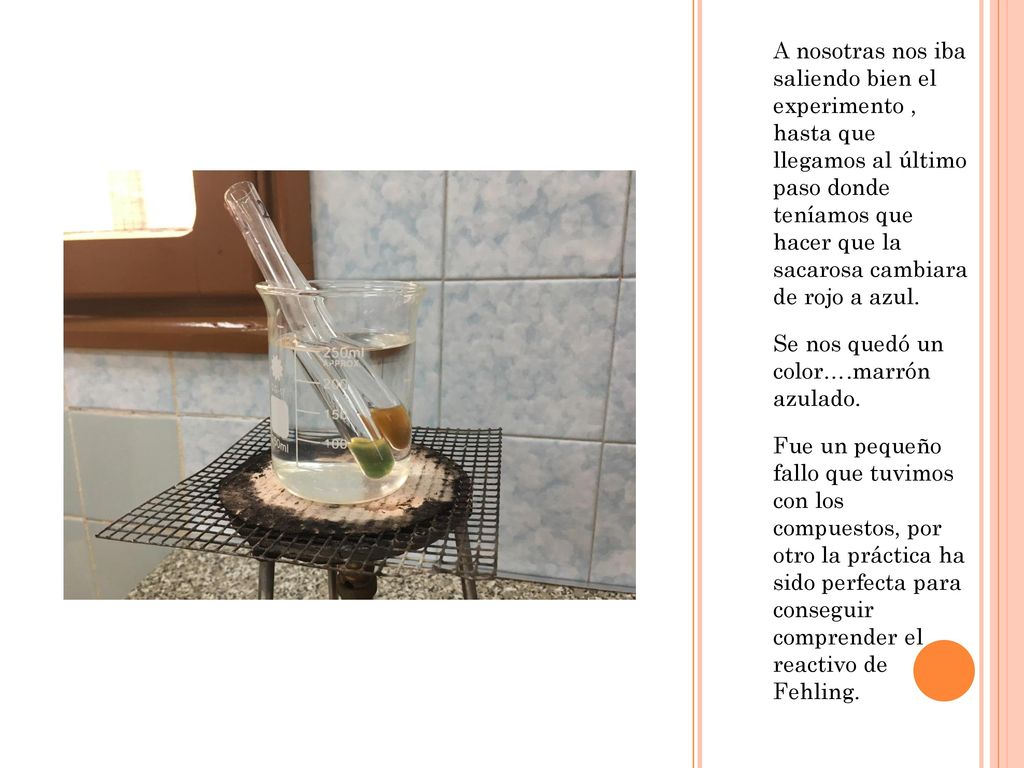A nosotras nos iba saliendo bien el experimento , hasta que llegamos al último paso donde teníamos que hacer que la sacarosa cambiara de rojo a azul.