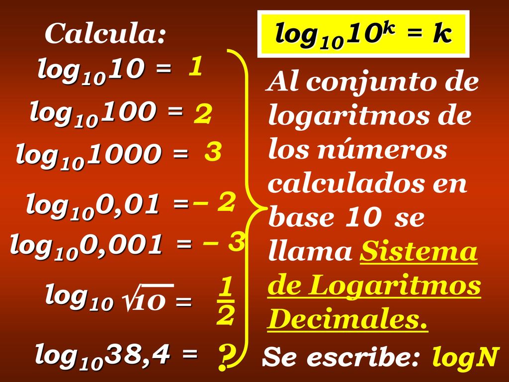 Calcula: log1010k = k. log1010 = 1. Al conjunto de logaritmos de los números calculados en base 10 se llama Sistema de Logaritmos Decimales.