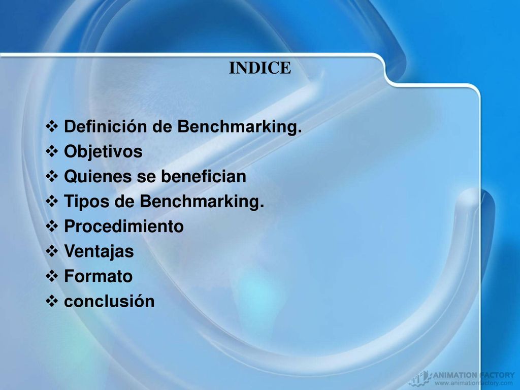 INDICE Definición de Benchmarking. Objetivos. Quienes se benefician. Tipos de Benchmarking. Procedimiento.