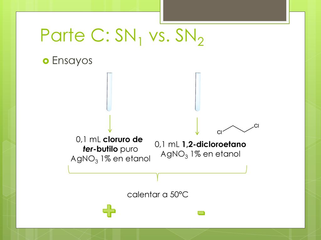 + - Parte C: SN1 vs. SN2 Ensayos 0,1 mL cloruro de ter-butilo puro