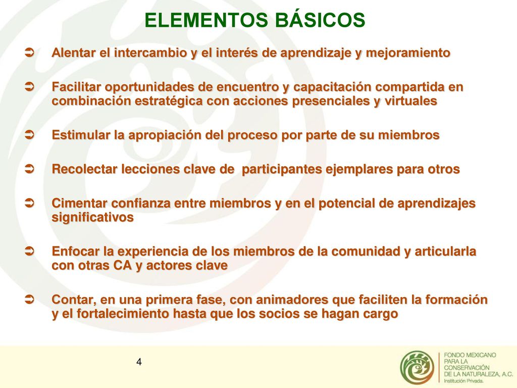 ELEMENTOS BÁSICOS Alentar el intercambio y el interés de aprendizaje y mejoramiento.