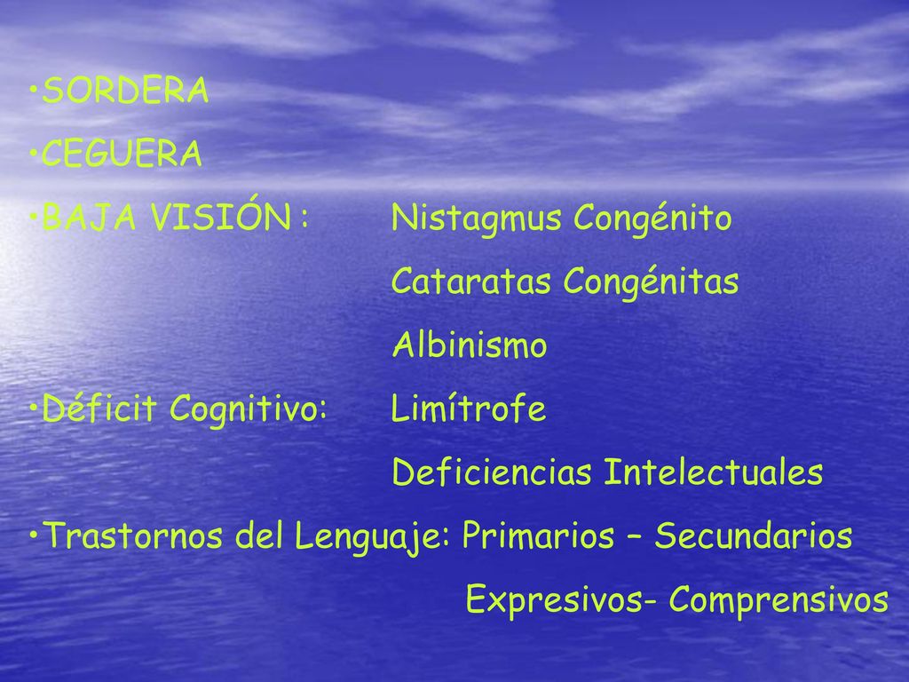 SORDERA CEGUERA. BAJA VISIÓN : Nistagmus Congénito. Cataratas Congénitas. Albinismo. Déficit Cognitivo: Limítrofe.