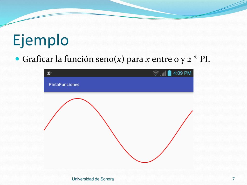 Ejemplo Graficar la función seno(x) para x entre 0 y 2 * PI.