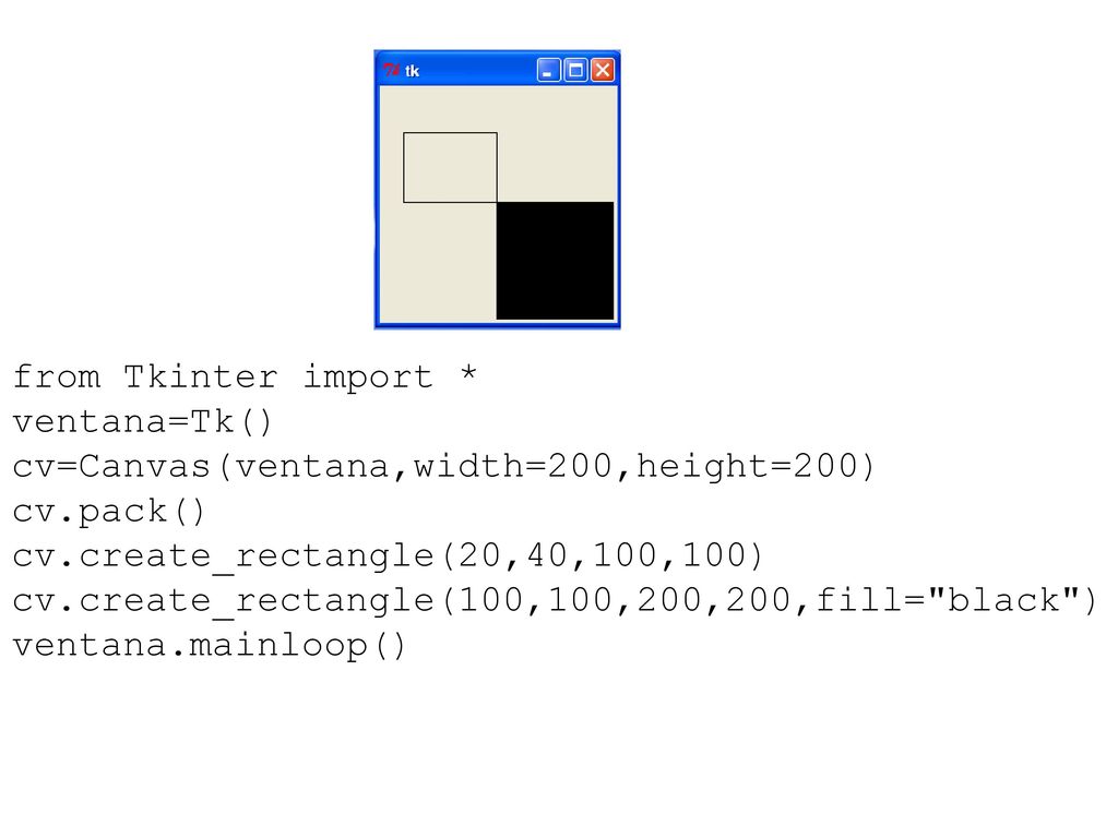from Tkinter import * ventana=Tk() cv=Canvas(ventana,width=200,height=200) cv.pack() cv.create_rectangle(20,40,100,100)