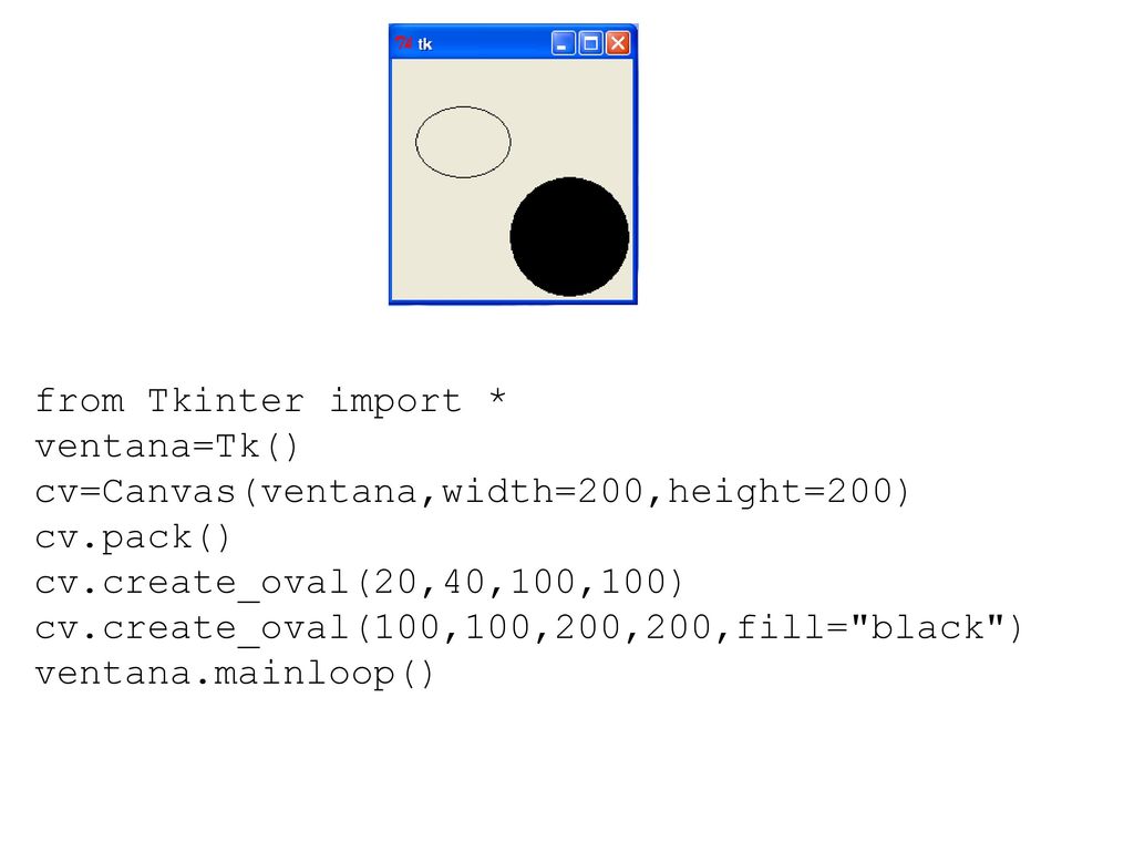 from Tkinter import * ventana=Tk() cv=Canvas(ventana,width=200,height=200) cv.pack() cv.create_oval(20,40,100,100)