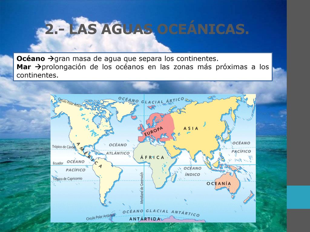 2.- LAS AGUAS OCEÁNICAS. Océano gran masa de agua que separa los continentes.