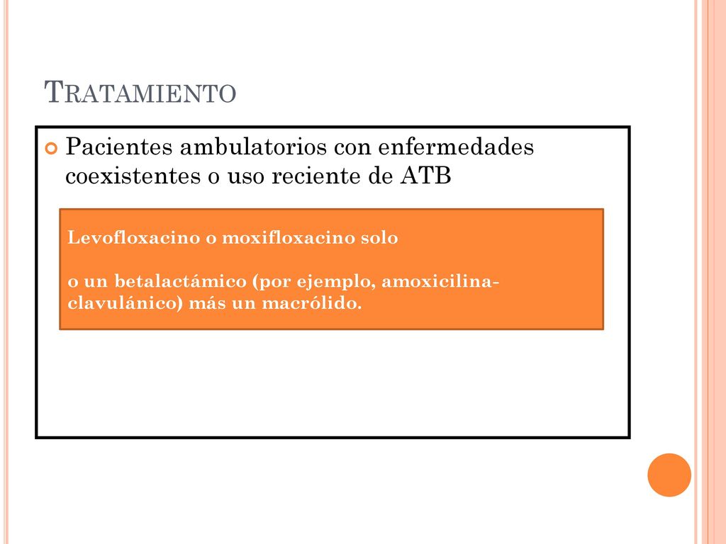 Tratamiento Pacientes ambulatorios con enfermedades coexistentes o uso reciente de ATB. Levofloxacino o moxifloxacino solo.