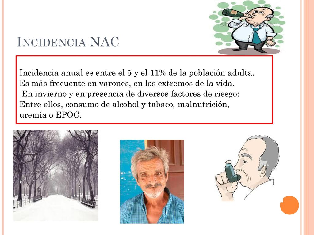 Incidencia NAC Incidencia anual es entre el 5 y el 11% de la población adulta. Es más frecuente en varones, en los extremos de la vida.