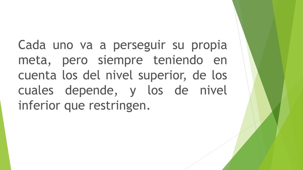 Cada uno va a perseguir su propia meta, pero siempre teniendo en cuenta los del nivel superior, de los cuales depende, y los de nivel inferior que restringen.
