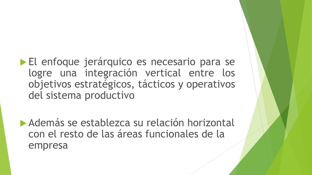 El enfoque jerárquico es necesario para se logre una integración vertical entre los objetivos estratégicos, tácticos y operativos del sistema productivo