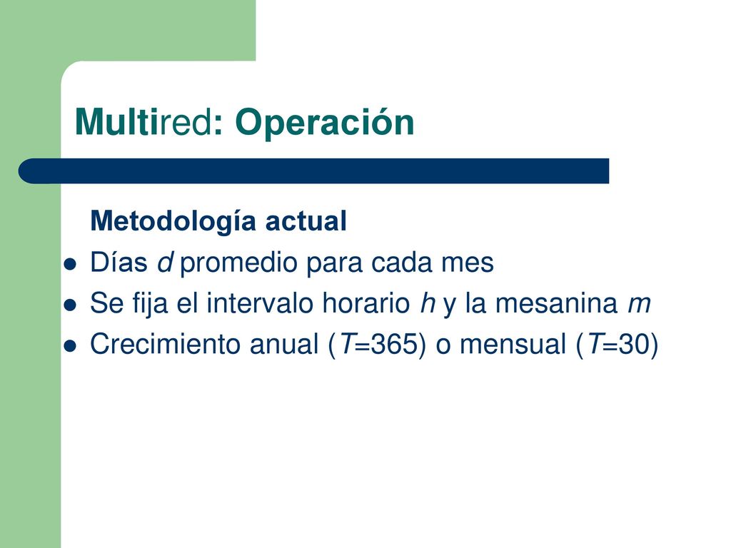 Multired: Operación Metodología actual Días d promedio para cada mes