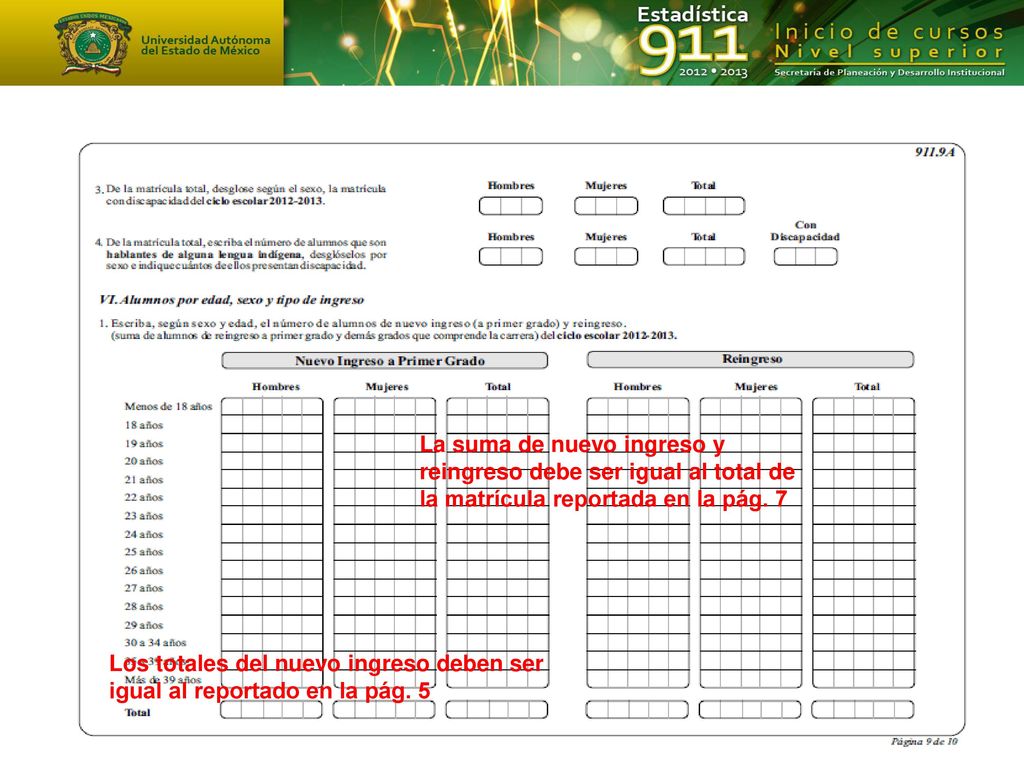 La suma de nuevo ingreso y reingreso debe ser igual al total de la matrícula reportada en la pág. 7
