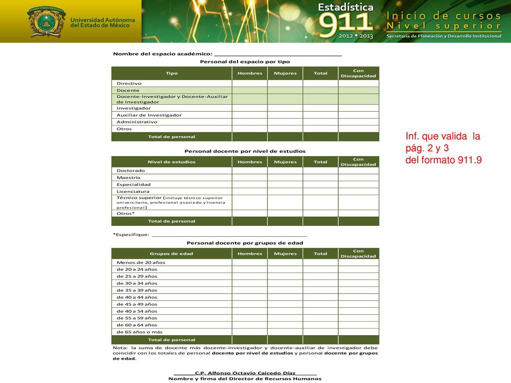 Inf. que valida la pág. 2 y 3 del formato 911.9