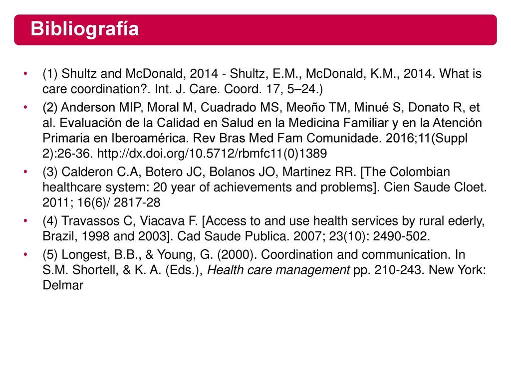 Bibliografía (1) Shultz and McDonald, Shultz, E.M., McDonald, K.M., What is care coordination . Int. J. Care. Coord. 17, 5–24.)