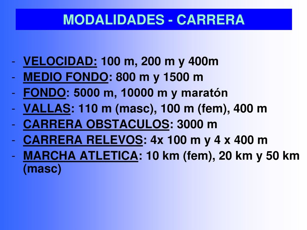 MODALIDADES - CARRERA VELOCIDAD: 100 m, 200 m y 400m
