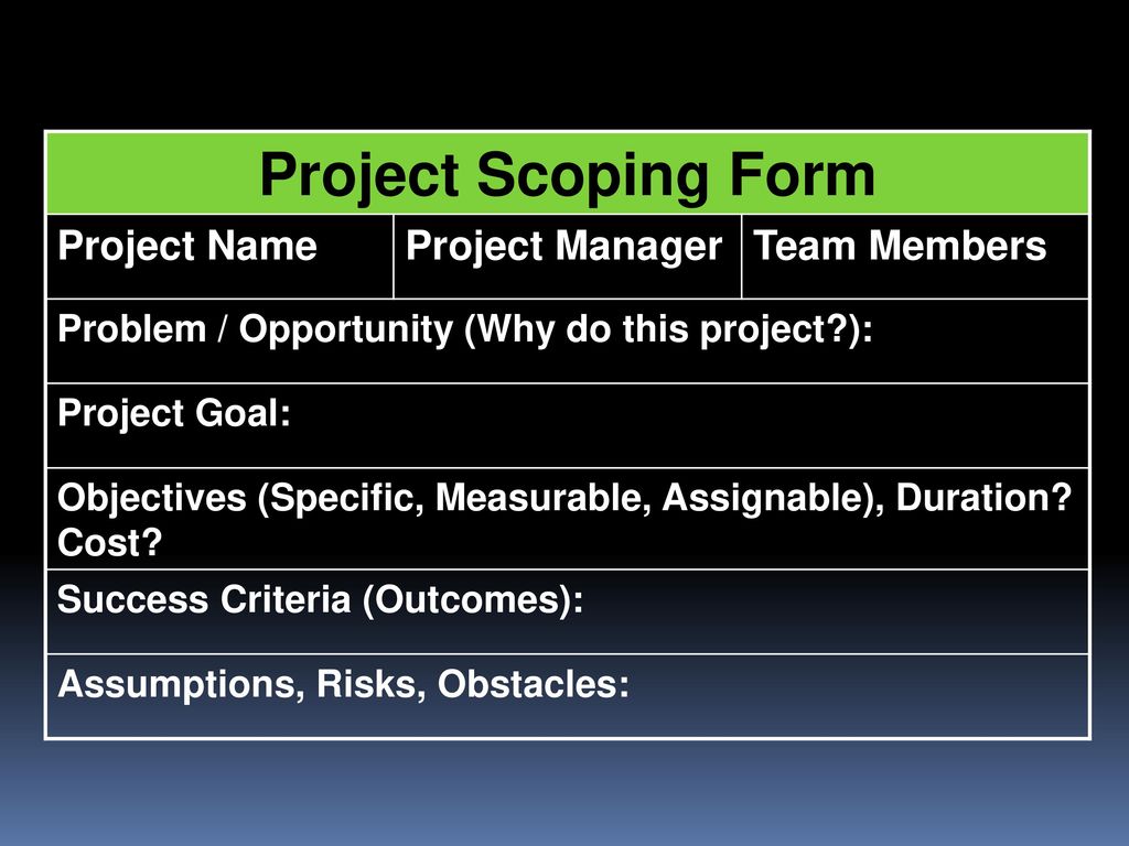 Project Scoping Form Project Name Project Manager Team Members